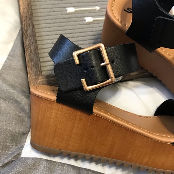 Black Sandals Wedges Classic Front Strap Buckle - Picture 5 of 8